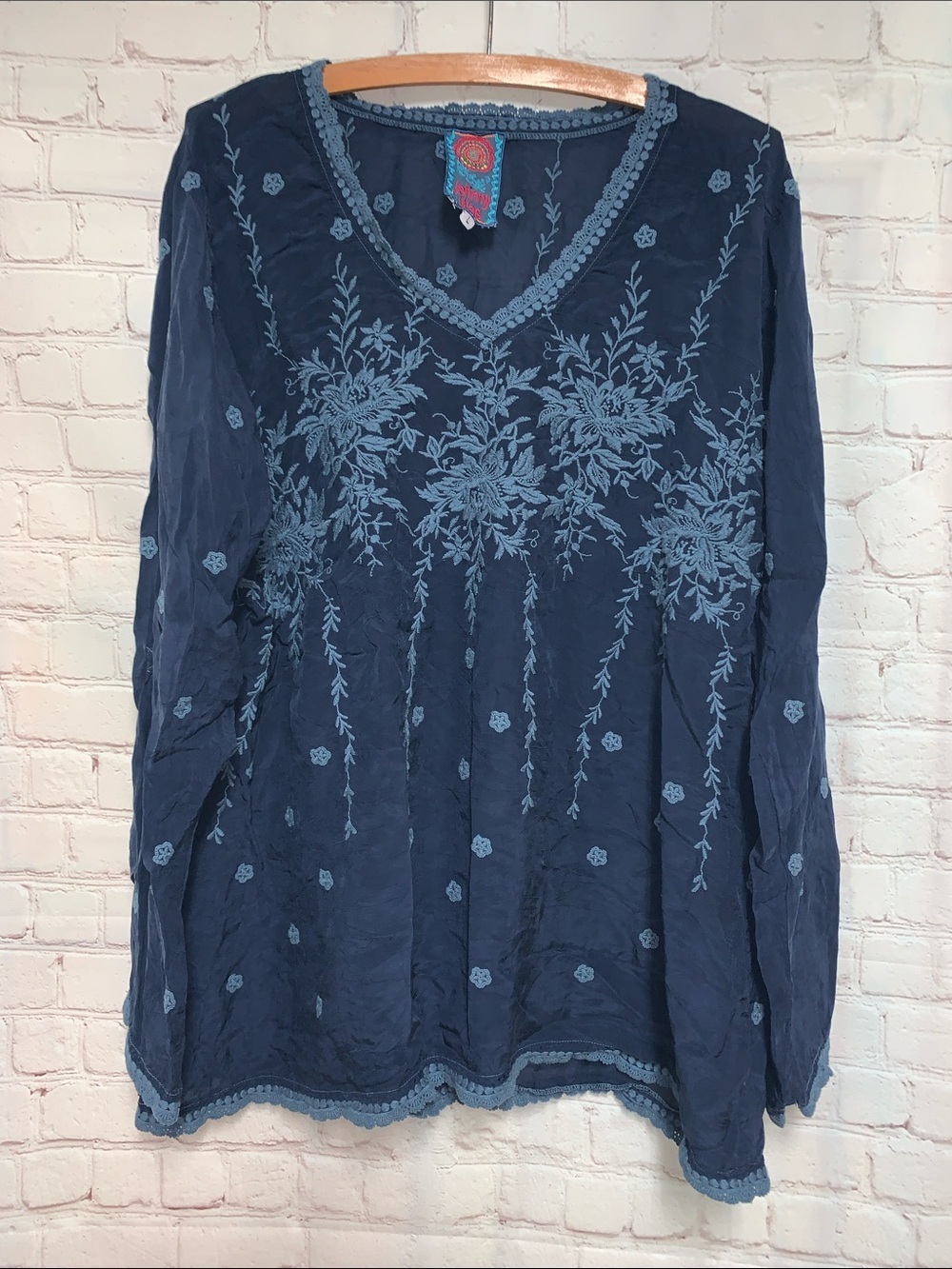 Johnny Was Navy Blue Embroidered Semi Sheer V-Neck Top Tunic Size L